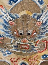 A large Chinese gold-thread-embroidered silk panel with an imperial dragon, 19th C.