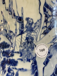 A large Chinese blue, white and copper-red vase with a mountainous river landscape, 19th C.