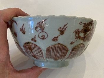 A Chinese lotus-molded 'dragon' bowl in copper-red on celadon-ground, Kangxi