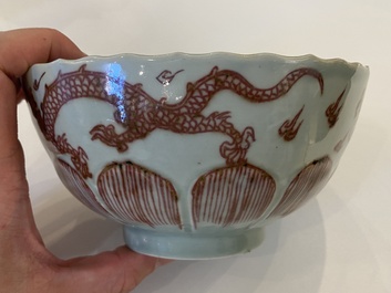 A Chinese lotus-molded 'dragon' bowl in copper-red on celadon-ground, Kangxi