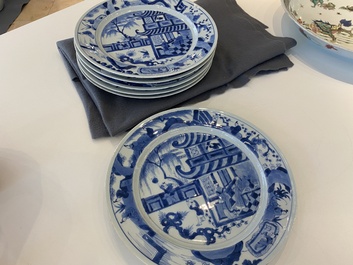 Zes Chinese blauw-witte 'Xi Xiang Ji' schotels, Kangxi