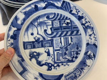 Zes Chinese blauw-witte 'Xi Xiang Ji' schotels, Kangxi