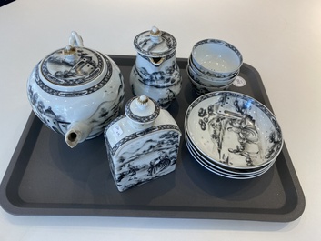 A Chinese grisaille 11-piece tea service with a European lady with a child, Qianlong