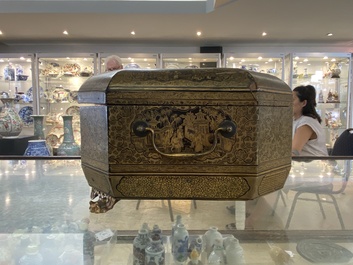 Two Chinese Canton famille rose bowls, a vase and a gilt-lacquered box, Qianlong and later