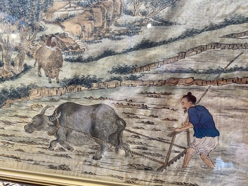 Chinese school: Three rice production scenes, ink and colour on silk, 19th C.
