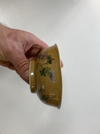A pair of Chinese caf&eacute;-au-lait-ground famille rose 'grasshopper' bowls, Daoguang mark and of the period