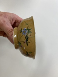 A pair of Chinese caf&eacute;-au-lait-ground famille rose 'grasshopper' bowls, Daoguang mark and of the period