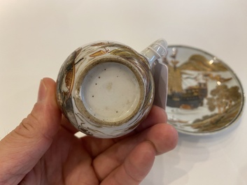 Een zeldzame Chinese grisaille, ijzerrode en vergulde kop en schotel met een handelsschip, Yongzheng/Qianlong