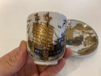 Een zeldzame Chinese grisaille, ijzerrode en vergulde kop en schotel met een handelsschip, Yongzheng/Qianlong