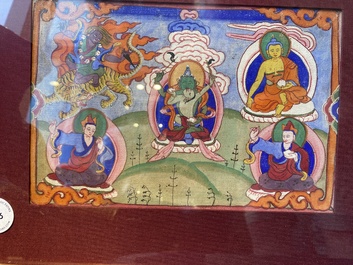 Eight tsaklis and three painted wood book covers, Tibet, 19th C.