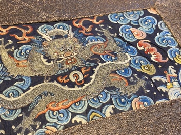 A Chinese gold- and silver-thread-embroidered silk panel with dragons, Qing