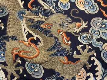 A Chinese gold- and silver-thread-embroidered silk panel with dragons, Qing