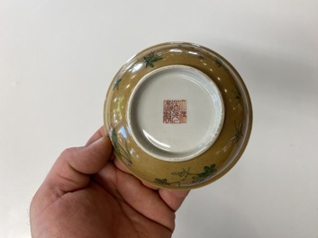 A pair of Chinese caf&eacute;-au-lait-ground famille rose 'grasshopper' bowls, Daoguang mark and of the period