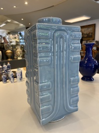 A Chinese monochrome clair de lune-glazed 'cong' vase, Qianlong mark, 20th C.