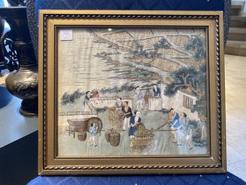 Chinese school: Three rice production scenes, ink and colour on silk, 19th C.