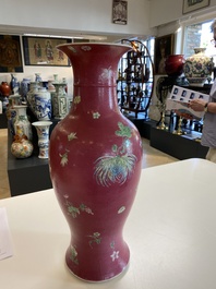 A Chinese famille rose ruby sgraffito-ground vase, Qianlong mark, Republic