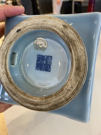 A Chinese monochrome clair de lune-glazed 'cong' vase, Qianlong mark, 20th C.