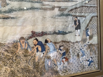 Chinese school: Three rice production scenes, ink and colour on silk, 19th C.