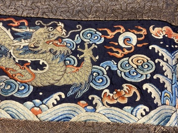 A Chinese gold- and silver-thread-embroidered silk panel with dragons, Qing