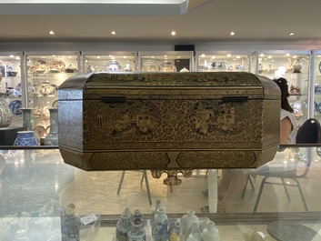 Two Chinese Canton famille rose bowls, a vase and a gilt-lacquered box, Qianlong and later