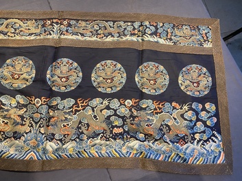 A Chinese gold- and silver-thread-embroidered silk panel with dragons, Qing