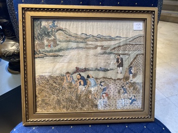 Chinese school: Three rice production scenes, ink and colour on silk, 19th C.