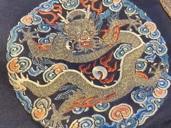 A Chinese gold- and silver-thread-embroidered silk panel with dragons, Qing