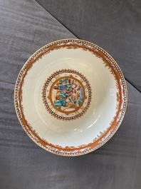 Two Chinese Canton famille rose bowls, a vase and a gilt-lacquered box, Qianlong and later