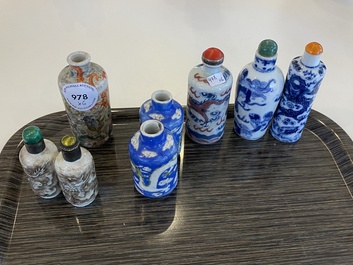 Six Chinese snuff bottles with dragons and Buddhist lions, 19/20th C.
