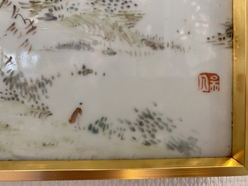 A Chinese qianjiang cai 'mountainous landscape' plaque, 19th C.