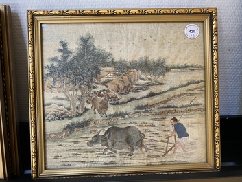 Chinese school: Three rice production scenes, ink and colour on silk, 19th C.