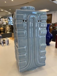 A Chinese monochrome clair de lune-glazed 'cong' vase, Qianlong mark, 20th C.