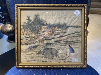 Chinese school: Three rice production scenes, ink and colour on silk, 19th C.