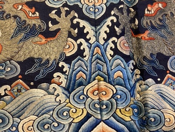 A Chinese gold- and silver-thread-embroidered silk panel with dragons, Qing