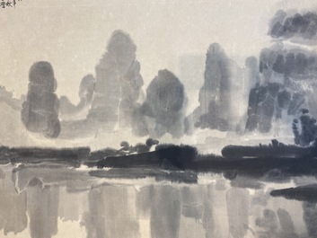 Xu Beihong 徐悲鴻 (1895-1953): 'Landschap met zes aalscholvers&rsquo;, houtsnede door Rong Bao Zhai, 20e eeuw