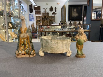 Two Chinese sancai-glazed figures and a green-glazed tripod censer, Han and later