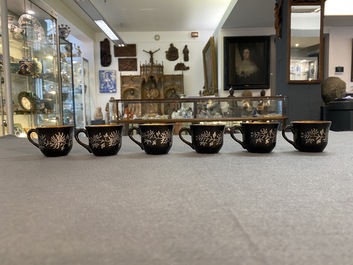 Two Chinese black Fuzhou or Foochow lacquer coffee services on trays, Republic