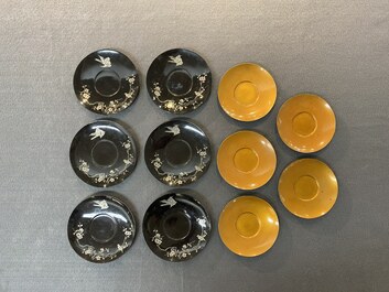 Two Chinese black Fuzhou or Foochow lacquer coffee services on trays, Republic