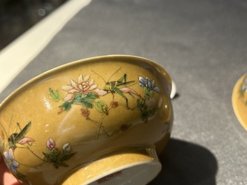 A pair of Chinese caf&eacute;-au-lait-ground famille rose 'grasshopper' bowls, Daoguang mark and of the period
