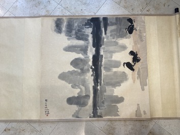 Xu Beihong 徐悲鴻 (1895-1953): 'Landschap met zes aalscholvers&rsquo;, houtsnede door Rong Bao Zhai, 20e eeuw