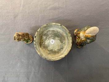 Two Chinese sancai-glazed figures and a green-glazed tripod censer, Han and later