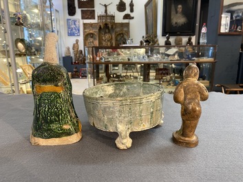 Two Chinese sancai-glazed figures and a green-glazed tripod censer, Han and later