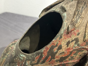 A large Chinese bronze Buddhist lion censer, probably Ming