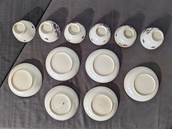 Six Chinese famille rose cups and saucers, an Imari-style teapot and a blue and white mug, Kangxi/Qianlong