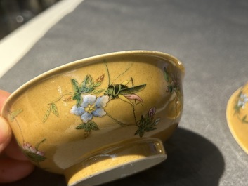 A pair of Chinese caf&eacute;-au-lait-ground famille rose 'grasshopper' bowls, Daoguang mark and of the period