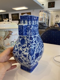 A Chinese blue and white 'fanghu' vase with lotus scrolls, Qianlong mark, 19/20th C.