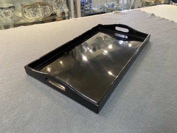 Two Chinese black Fuzhou or Foochow lacquer coffee services on trays, Republic