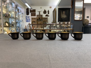 Two Chinese black Fuzhou or Foochow lacquer coffee services on trays, Republic