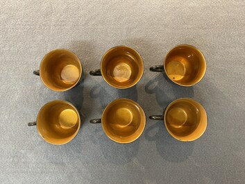 Two Chinese black Fuzhou or Foochow lacquer coffee services on trays, Republic