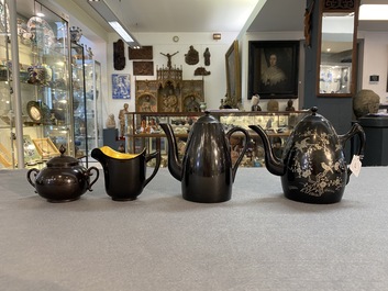 Two Chinese black Fuzhou or Foochow lacquer coffee services on trays, Republic